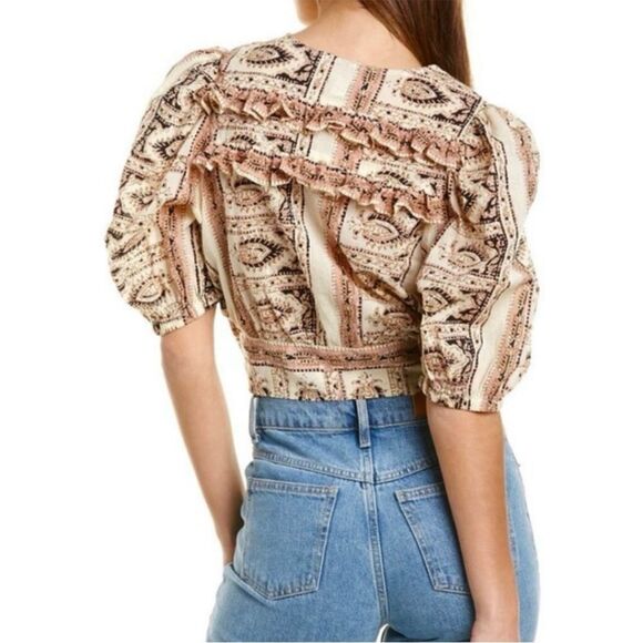 Anthropologie Cleobella Brigada Puff Sleeve Cream Pink Crop Blouse size medium - Picture 2 of 6